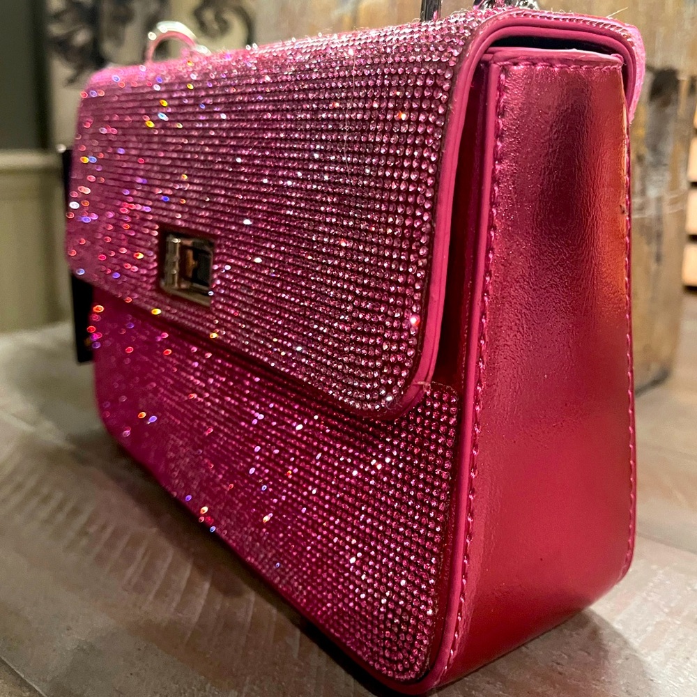 Imoshion Vegan Pink Sparkle Evening Bag with Chrome Hardware/Chain